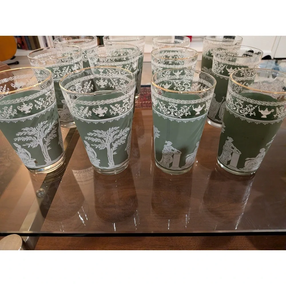 Lot Vintage Jeannette Hellenic Green Glasses Wedgwood Jasperware Style 6 sm 6 lg